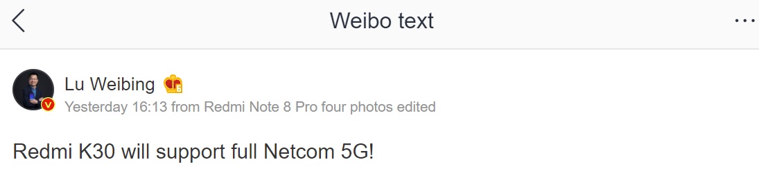 CEO Redmi potvrdzuje ze pracuju na Redmi K30 smartfone s podporou 5G