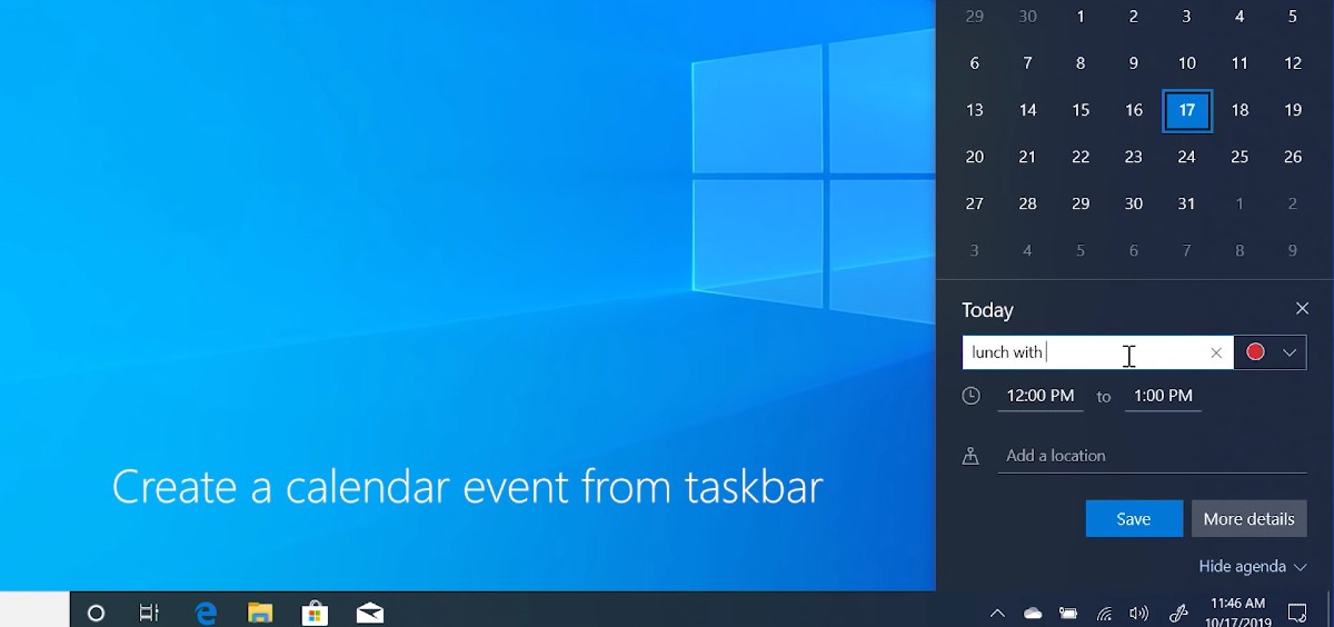 Windows November update 2019 nove funkcie_vytvaranie udalosti v kalendari