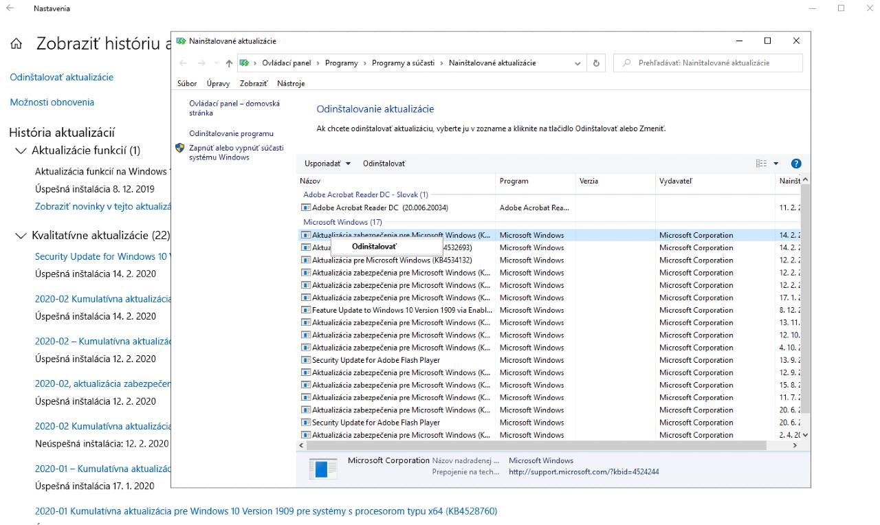 Windows 10 odinstalovanie aktualizacie
