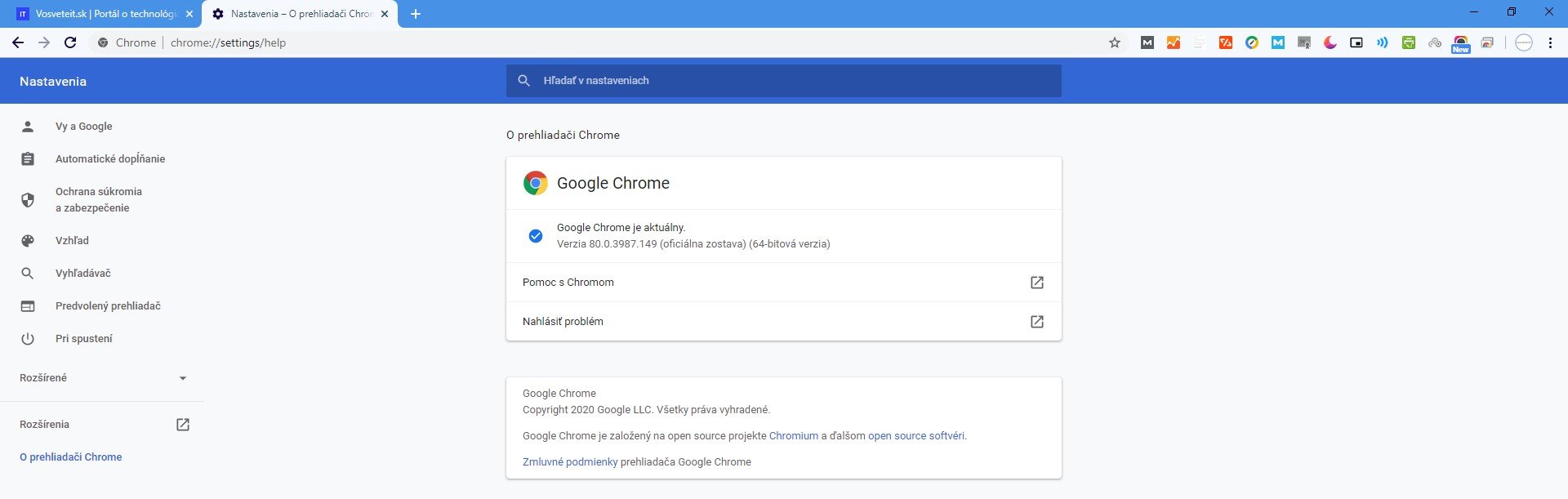 Google Chrome_ako skontrolovat aktualnu verzia prehliadaca