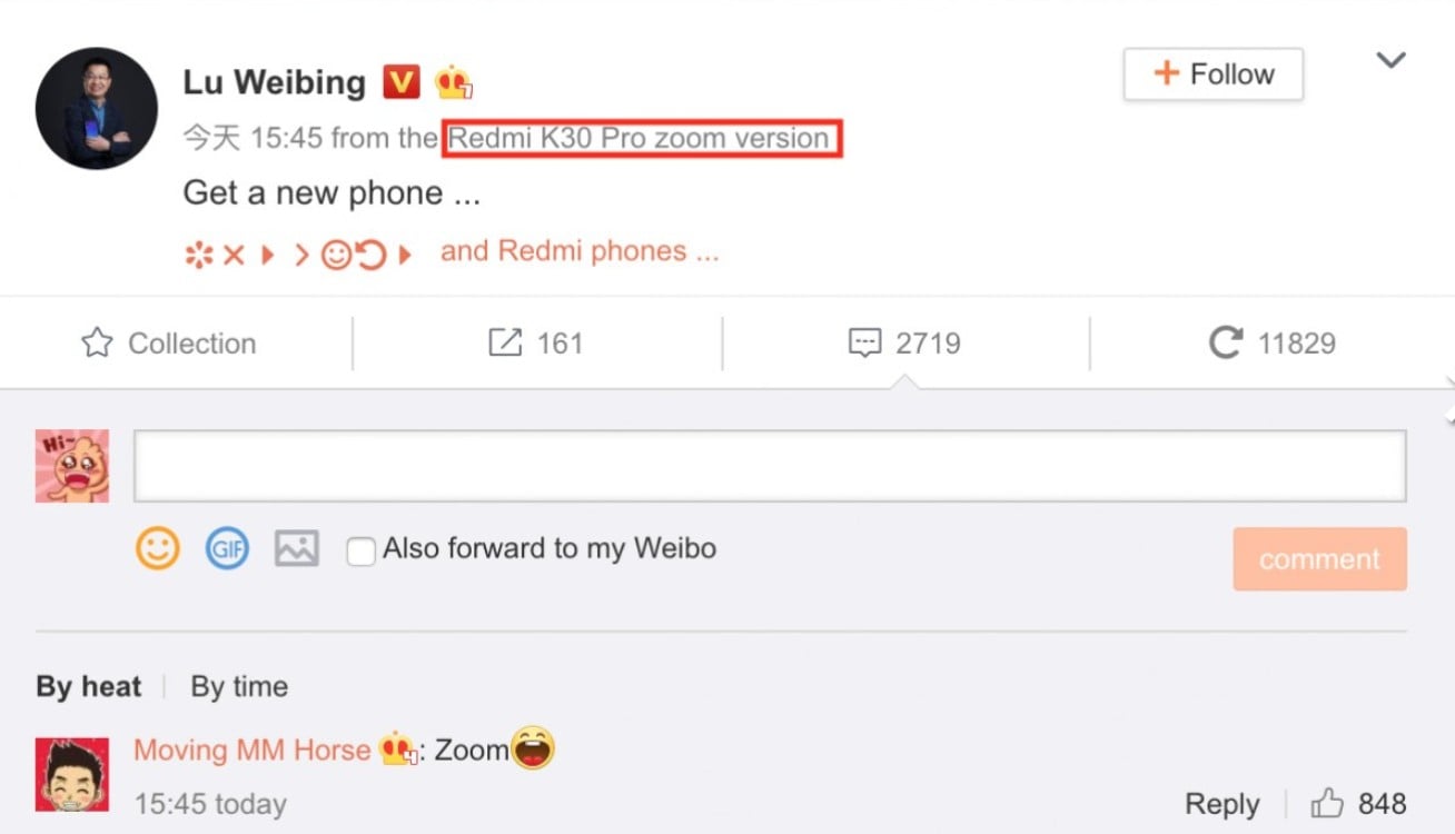 Lu Weibing_status_weibo_odkryva verziu zariadenia Redmi K30 Pro zoom