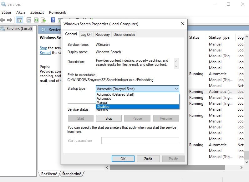 windows 10 vytazenie disku windows search 2