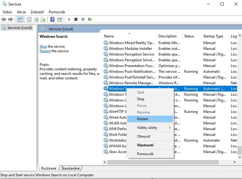 windows 10 vytazenie disku windows search
