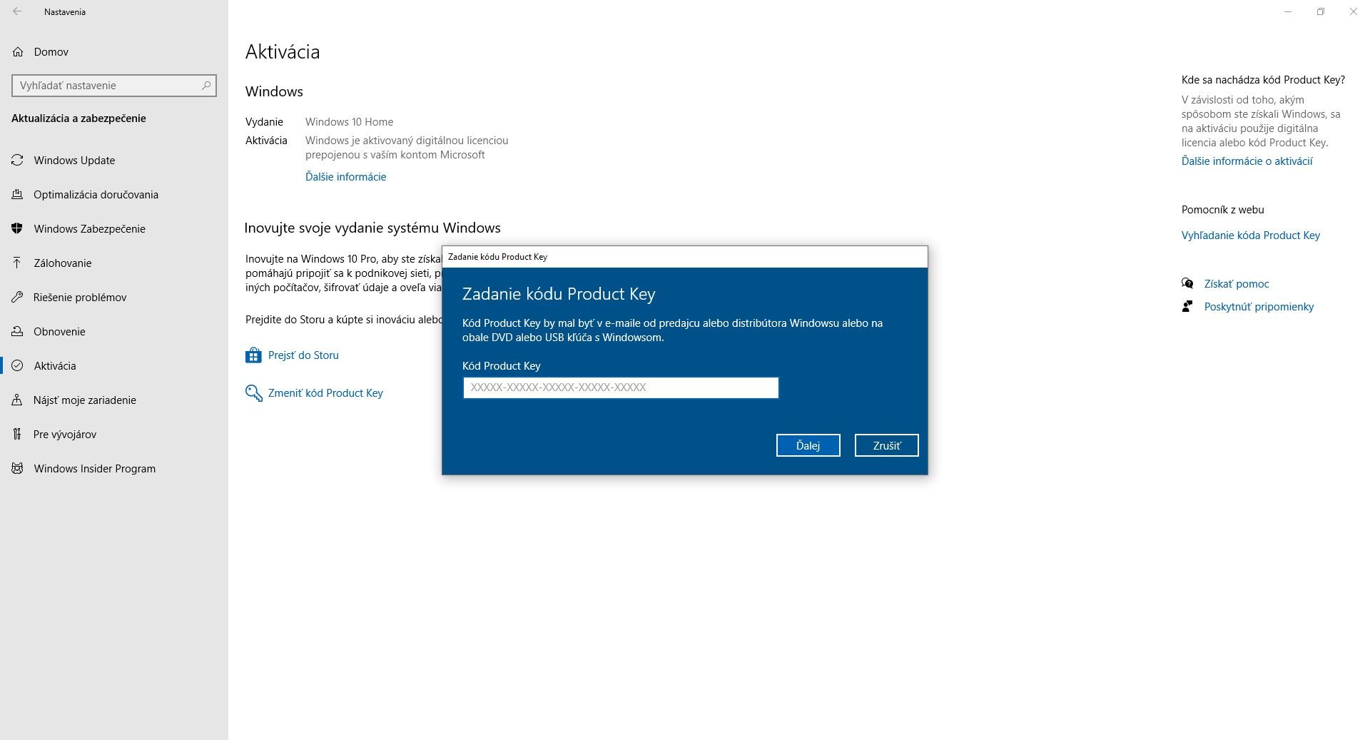 Windows 10_aktivovanie licencneho kodu