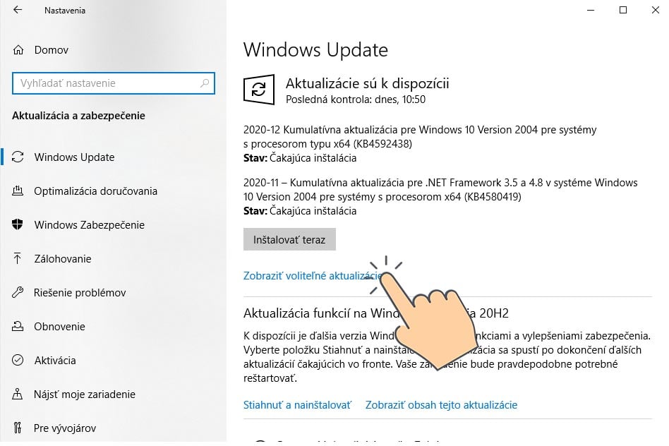 Windows 10 volitelna aktualizacia