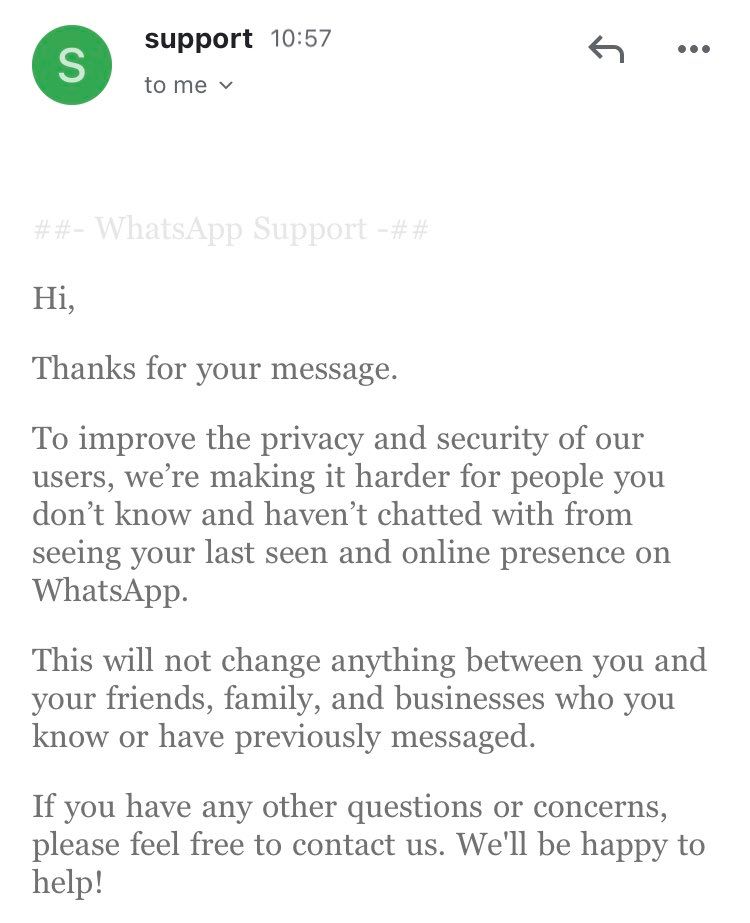 WhatsApp_odpoved z podpory_sluzby vypina pristip tretich stran k infomacii ci sme online