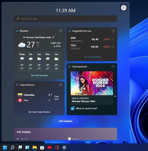 Windows 11 panel s widgetami