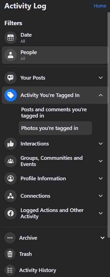 facebook activity log filter