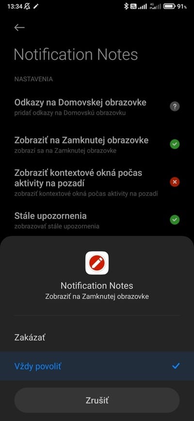 notification notes povolenie pre zobrazovanie na uzamknutej obrazovke