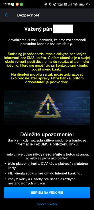 Upozornenie_Tatra banka_podvody_smishing