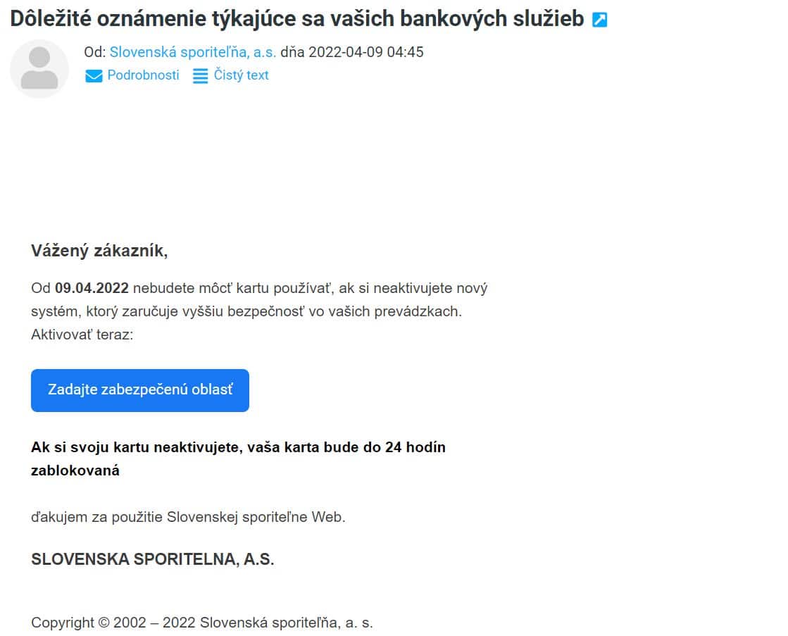 Podvodna emailova sprava slovenskej sporitelne